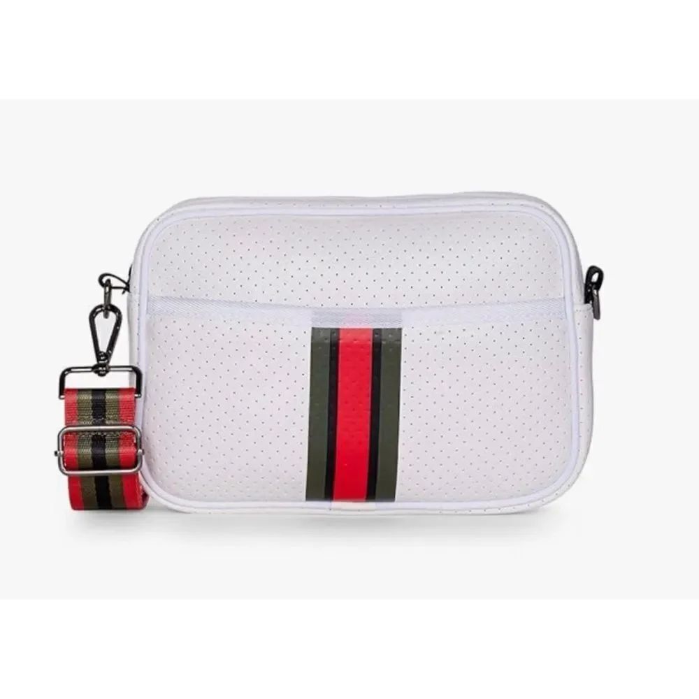 Haute Shore - Drew Trento Crossbody,White Coated W/Olive,Black,& Red Stripe NWT